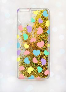 Чохол з плаваючими блискітками Samsung A12 Золотий :: Різнокольорові сердечка (принт 335)