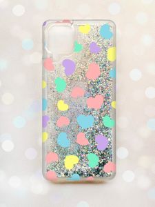 Чохол з плаваючими блискітками Samsung Galaxy A12 Срібний :: Різнокольорові сердечка (принт 335)