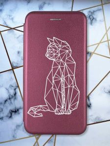 Чохол книжка з малюнком для Samsung Galaxy A12 Бордовий :: Котик (принт 125)