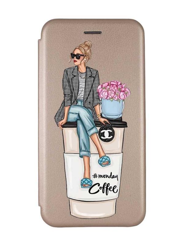 Чохол-книжка з малюнком на Xiaomi Redmi Note 9/10X Золотистий :: Дівчина на каві (принт 228)