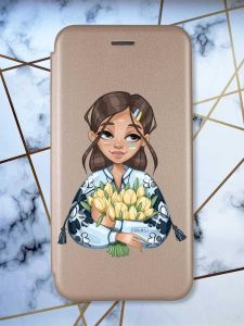 Чохол-книжка з малюнком на Xiaomi Redmi Note 9/10X Золотистий :: Дівчина з тюльпанами (принт 22)
