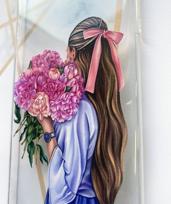 Прозорий чохол для Samsung A12 з об'ємним друком "Дівчина з півоніями" принт 11