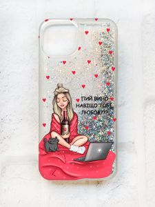 Чохол із плаваючими блискітками на iPhone 14 Срібний :: Дівчина з вином (принт 220)