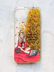 Чохол із плаваючими блискітками на iPhone 13 Золотий :: Дівчина з вином (принт 220)