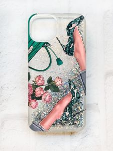 Чохол із плаваючими блискітками на iPhone 14 Срібний :: Туфельки і квіти (принт 225)