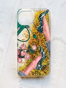 Чохол із плаваючими блискітками на iPhone 13 Золотий :: Туфельки і квіти (принт 225)