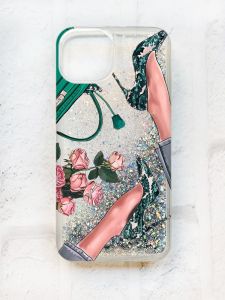 Чохол із плаваючими блискітками на iPhone 13 Срібний :: Туфельки і квіти (принт 225)