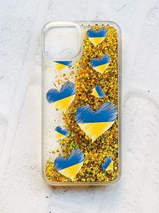 Чохол із плаваючими блискітками на iPhone 13 Золотий :: Сердечка. Україна (принт 258)