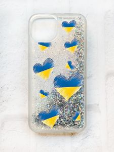 Чохол із плаваючими блискітками на iPhone 13 Срібний :: Сердечка. Україна (принт 258)