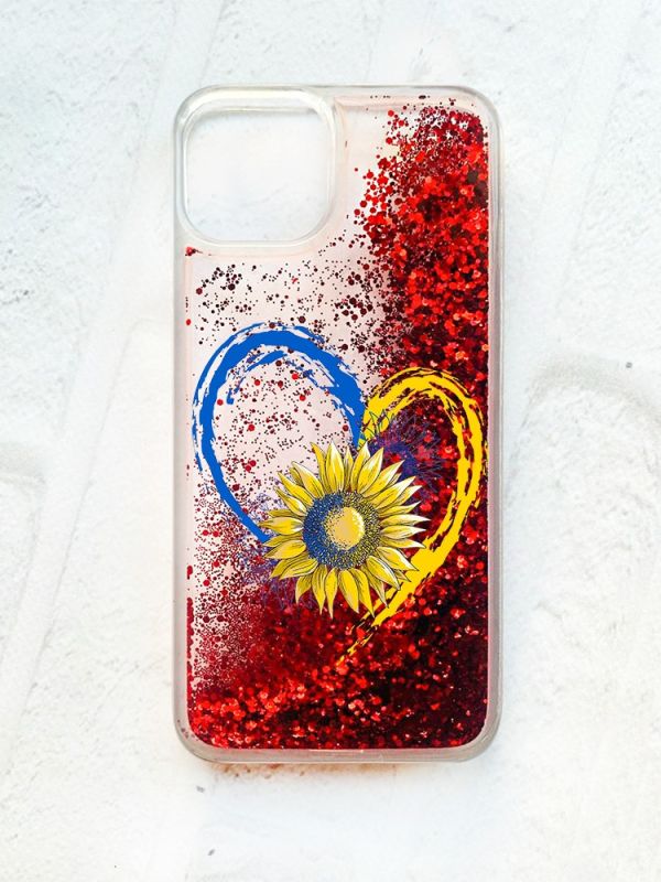 Чохол із плаваючими блискітками на iPhone 14 Червоний :: Серце з соняхом. Україна (принт 260)