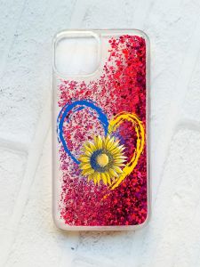 Чохол із плаваючими блискітками на iPhone 13 Рожевий :: Серце з соняхом. Україна (принт 260)