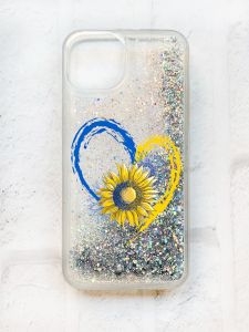 Чохол із плаваючими блискітками на iPhone 13 Срібний :: Серце з соняхом. Україна (принт 260)