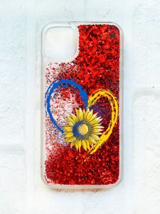 Чохол із плаваючими блискітками на iPhone 11 Червоний :: Серце з соняхом. Україна (принт 260)