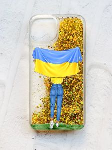 Чохол із плаваючими блискітками на iPhone 14 Золотий :: Дівчина з прапором (принт 263)
