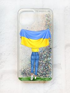 Чохол із плаваючими блискітками на iPhone 13 Срібний :: Дівчина з прапором (принт 263)