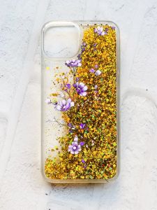 Чохол із плаваючими блискітками на iPhone 14 Золотий :: Гілочка квітів (принт 278)