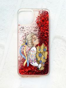 Чохол із плаваючими блискітками на iPhone 14 Червоний :: Українка з колосками (принт 173)