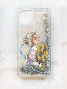 Чохол із плаваючими блискітками на iPhone 14 Срібний :: Українка з колосками (принт 173)