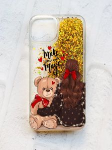 Чохол із плаваючими блискітками на iPhone 13 Золотий :: Дівчина з ведмедиком (принт 188)