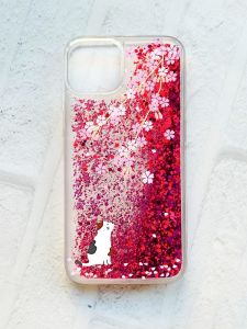 Чохол із плаваючими блискітками на iPhone 13 Рожевий :: Котик і сакура (принт 283)