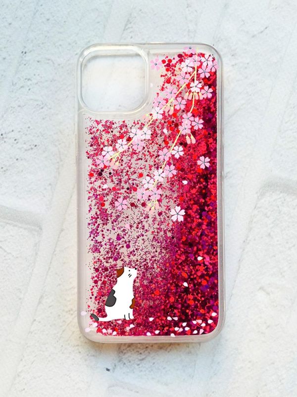 Чохол із плаваючими блискітками на iPhone 13 Рожевий :: Котик і сакура (принт 283)