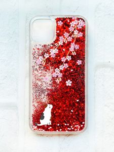 Чохол із плаваючими блискітками на iPhone 11 Червоний :: Котик і сакура (принт 283)