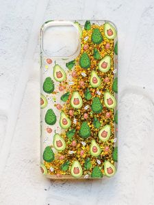 Чохол із плаваючими блискітками на iPhone 14 Золотий :: Авокадо з котиками (принт 301)