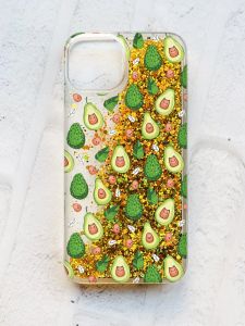 Чохол із плаваючими блискітками на iPhone 13 Золотий :: Авокадо з котиками (принт 301)