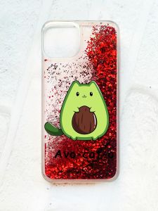 Чохол із плаваючими блискітками на iPhone 14 Червоний :: Котик Авокадо (принт 306)