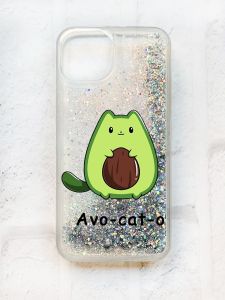 Чохол із плаваючими блискітками на iPhone 14 Срібний :: Котик Авокадо (принт 306)