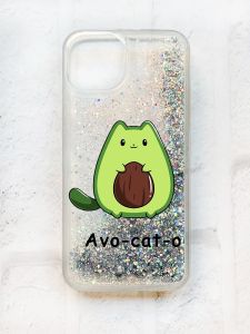 Чохол із плаваючими блискітками на iPhone 13 Срібний :: Котик Авокадо (принт 306)
