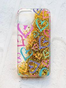 Чохол із плаваючими блискітками на iPhone 14 Золотий :: Різнокольорові сердечка (принт 332)
