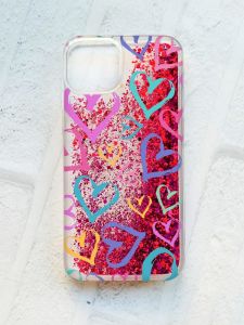 Чохол із плаваючими блискітками на iPhone 13 Рожевий :: Різнокольорові сердечка (принт 332)