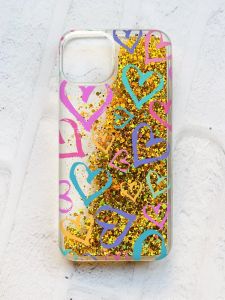 Чохол із плаваючими блискітками на iPhone 13 Золотий :: Різнокольорові сердечка (принт 332)