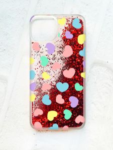 Чохол із плаваючими блискітками на iPhone 14 Червоний :: Різнокольорові сердечка (принт 335)