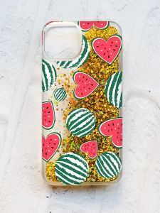 Чохол із плаваючими блискітками на iPhone 14 Золотий :: Кавуни сердечка (принт 343)