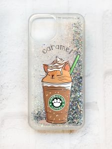 Чохол із плаваючими блискітками на iPhone 13 Срібний :: Капучіно котик (принт 97)