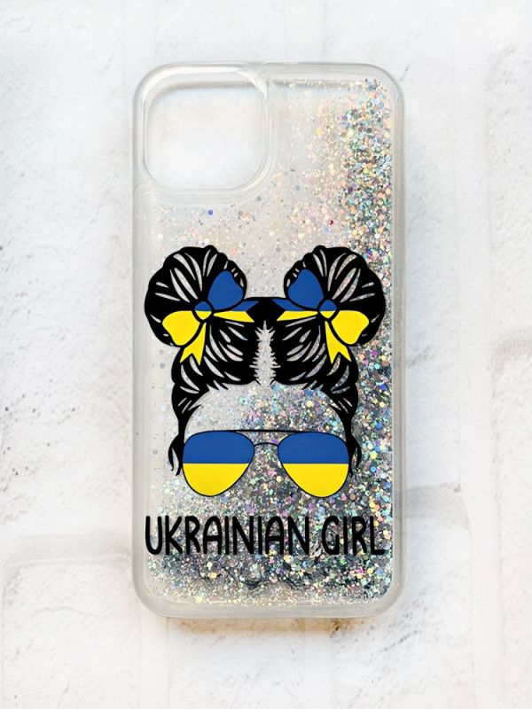 Чохол із плаваючими блискітками на iPhone 14 Срібний :: Українська дівчина (принт 113)