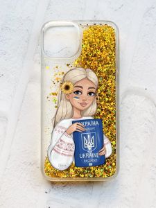 Чохол із плаваючими блискітками на iPhone 13 Золотий :: Дівчина з паспортом (принт 13)