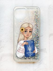 Чохол із плаваючими блискітками на iPhone 13 Срібний :: Дівчина з паспортом (принт 13)