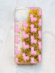 Чохол із плаваючими блискітками на iPhone 14 Золотий :: Лами рожеві (принт 101)