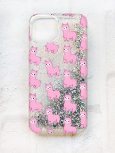 Чохол із плаваючими блискітками на iPhone 13 Срібний :: Лами рожеві (принт 101)