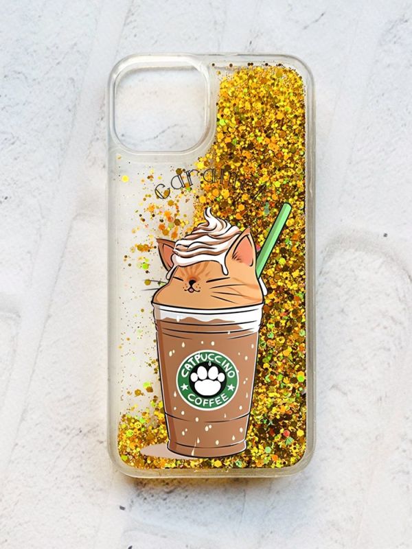 Чохол із плаваючими блискітками на iPhone 14 Золотий :: Капучіно котик (принт 97)