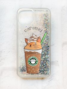 Чохол із плаваючими блискітками на iPhone 14 Срібний :: Капучіно котик (принт 97)