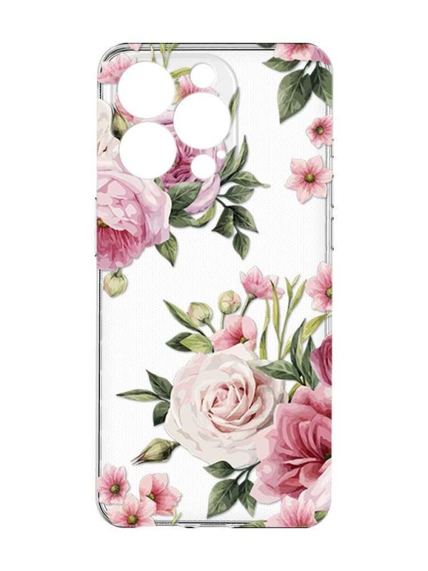 Прозорий чохол із захистом камери на iPhone 15 Pro Max :: Рожеві квіти (принт 287)