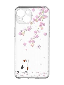 Прозорий чохол із захистом камер на iPhone 15 :: Котик і сакура (принт 283)