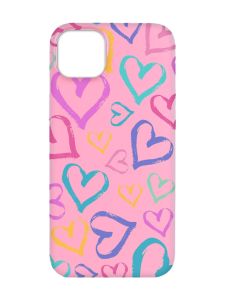 Матовий рожевий чохол на  Apple iPhone 14 :: Різнокольорові сердечка (принт 332)
