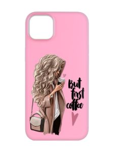 Матовий рожевий чохол на  Apple iPhone 14 :: Дівчина з кавою (принт 114)
