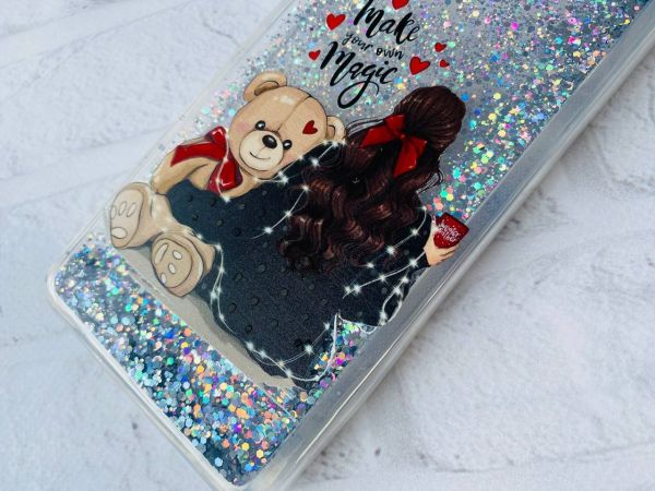 Чохол з плаваючими блискітками на Xiaomi Redmi 12C Срібний :: Дівчина з ведмедиком (принт 188)