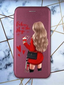 Чохол-книжка з малюнком для Samsung Galaxy M33 5G Бордовий :: Дівчина з кавою (принт 137)